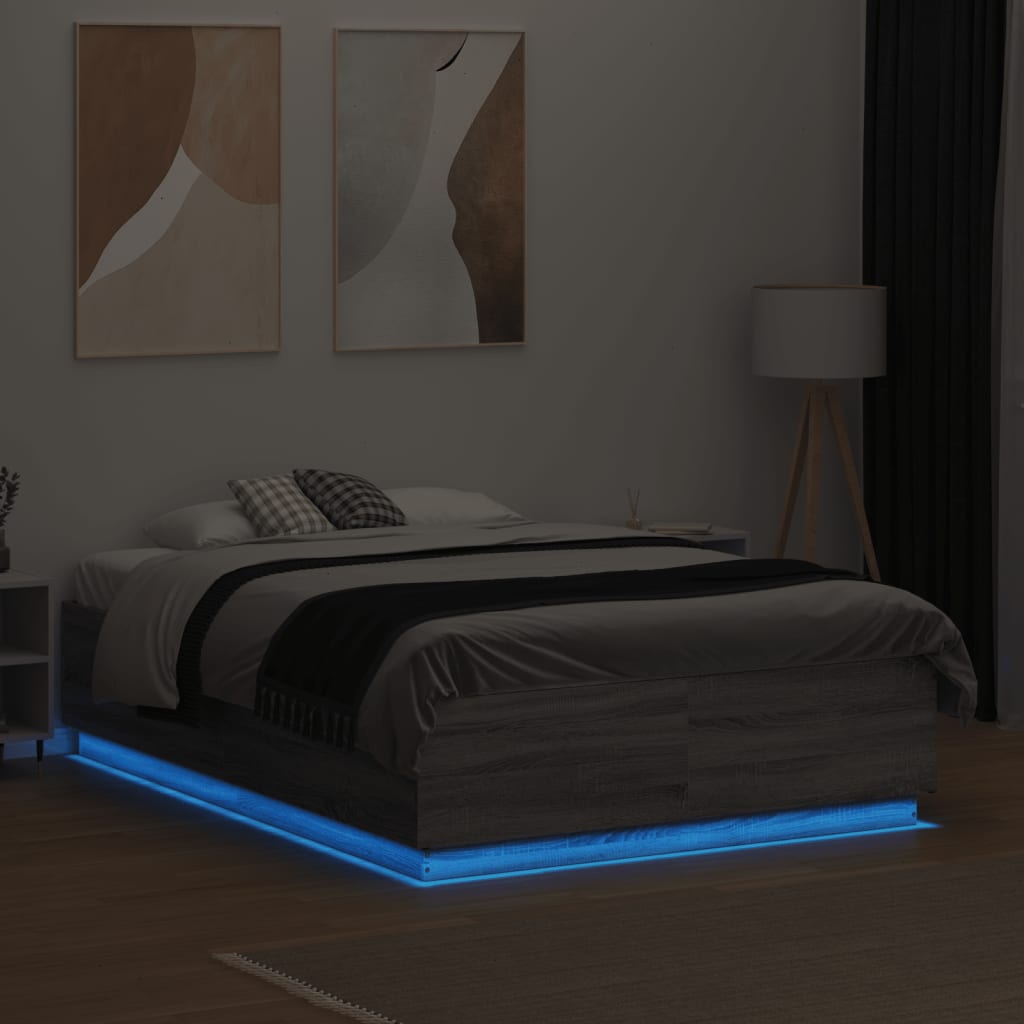 Cadru de pat cu lumini LED gri sonoma 120x190 cm lemn prelucrat GartenMobel Dekor