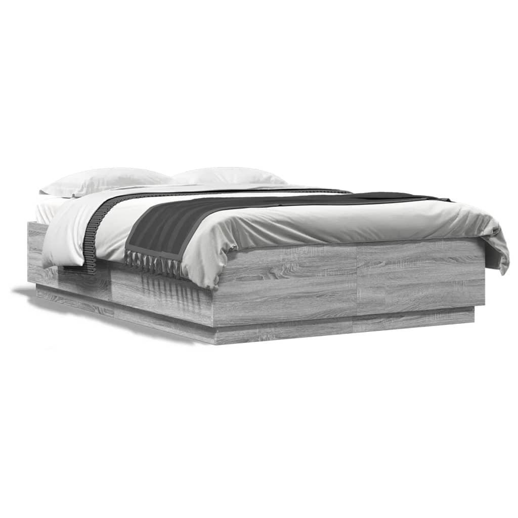 Cadru de pat cu lumini LED gri sonoma 150x200 cm lemn prelucrat GartenMobel Dekor