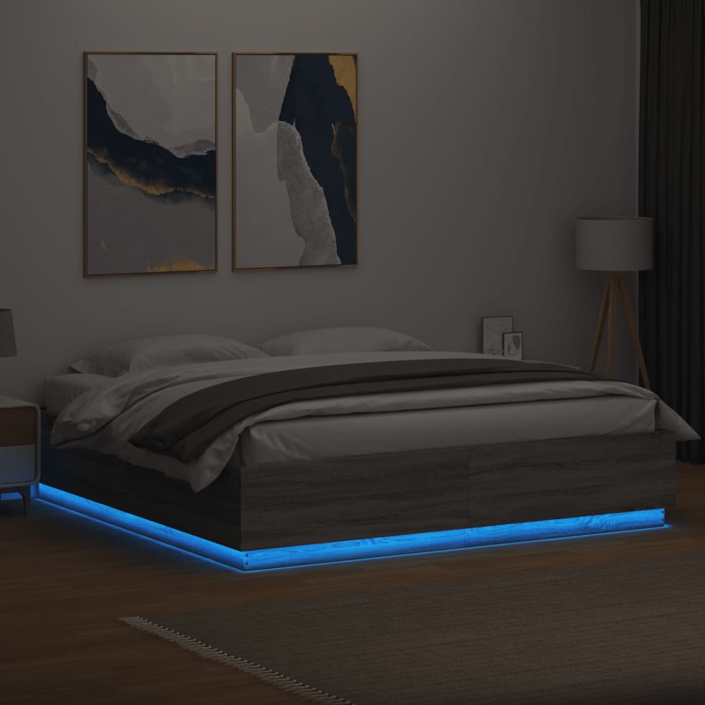 Cadru de pat cu lumini LED gri sonoma 200x200 cm lemn prelucrat GartenMobel Dekor