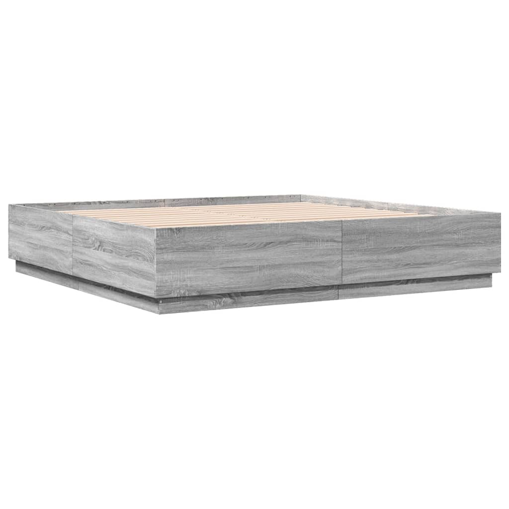 Cadru de pat cu lumini LED gri sonoma 200x200 cm lemn prelucrat GartenMobel Dekor