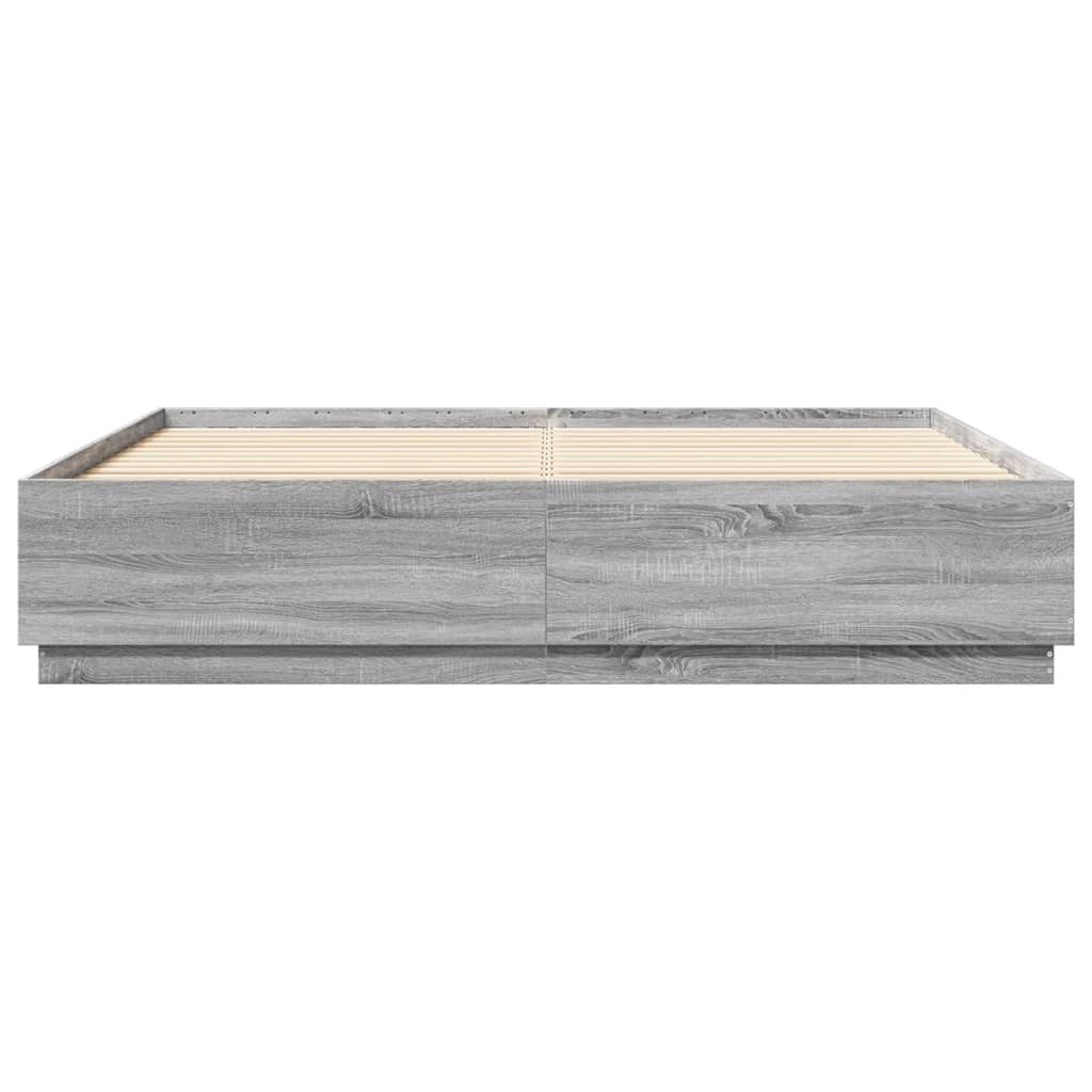 Cadru de pat cu lumini LED gri sonoma 200x200 cm lemn prelucrat GartenMobel Dekor