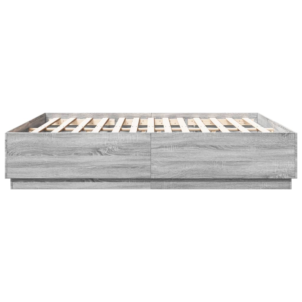 Cadru de pat cu lumini LED gri sonoma 200x200 cm lemn prelucrat GartenMobel Dekor