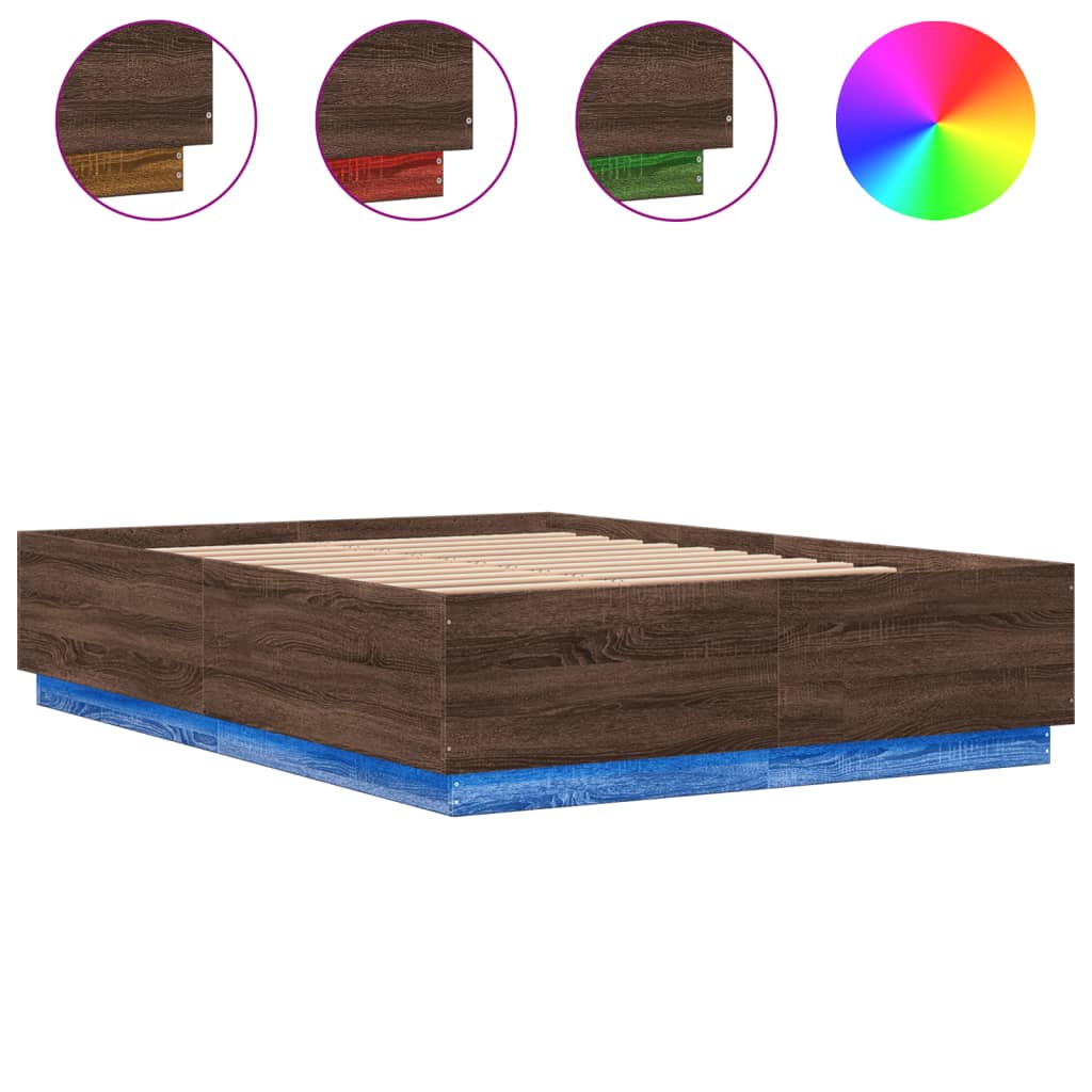 Cadru de pat cu lumini LED stejar maro 150x200cm lemn prelucrat GartenMobel Dekor