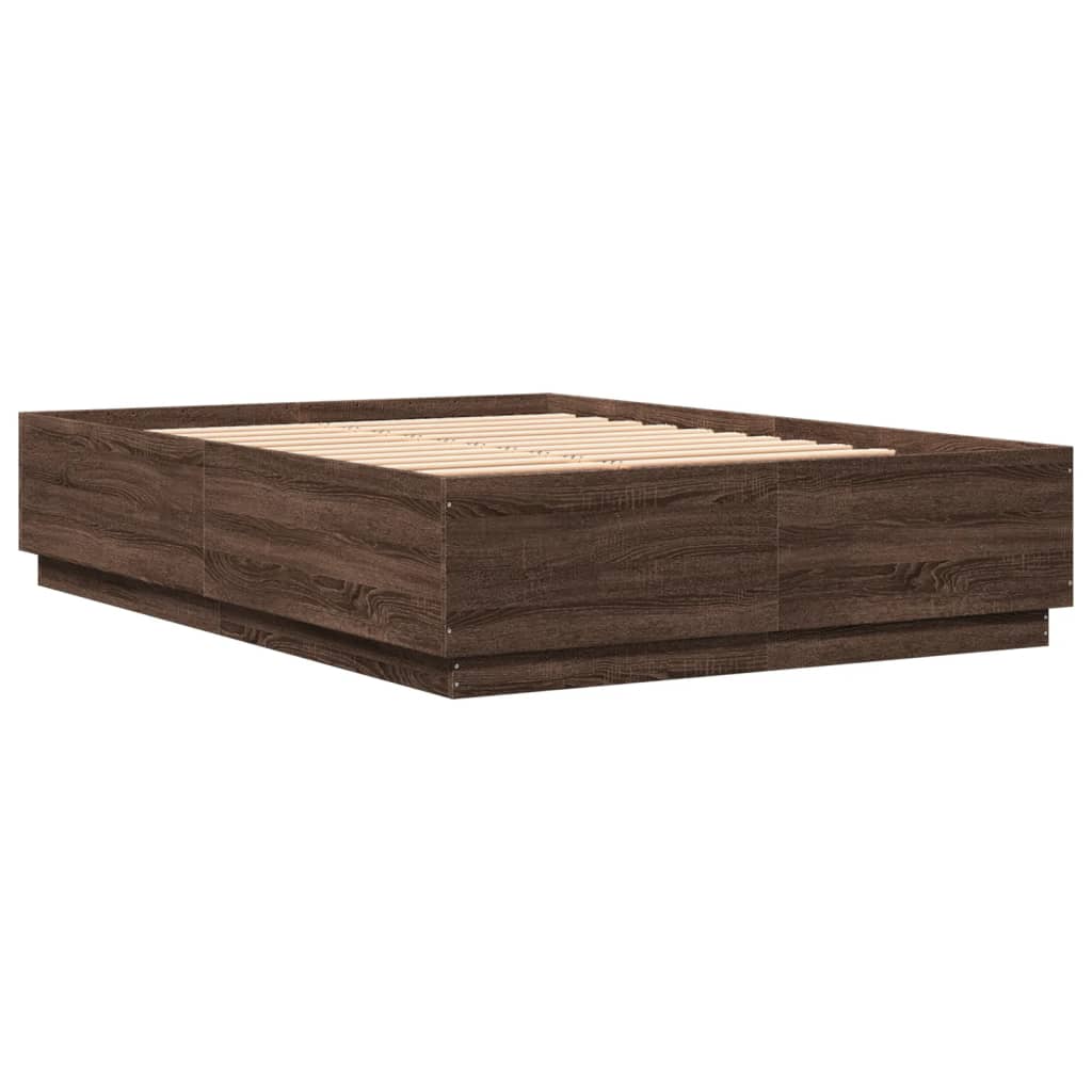 Cadru de pat cu lumini LED stejar maro 150x200cm lemn prelucrat GartenMobel Dekor