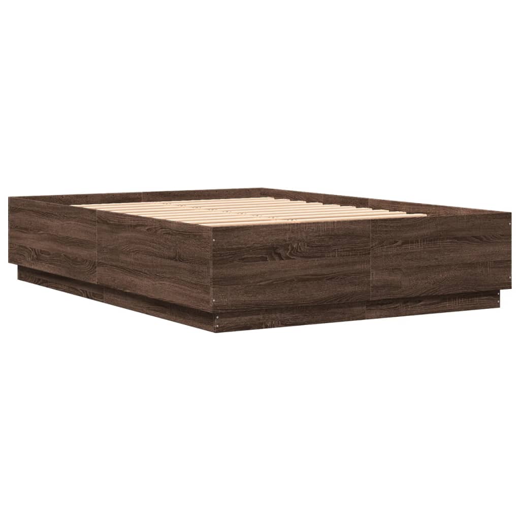 Cadru de pat cu lumini LED stejar maro 150x200cm lemn prelucrat GartenMobel Dekor