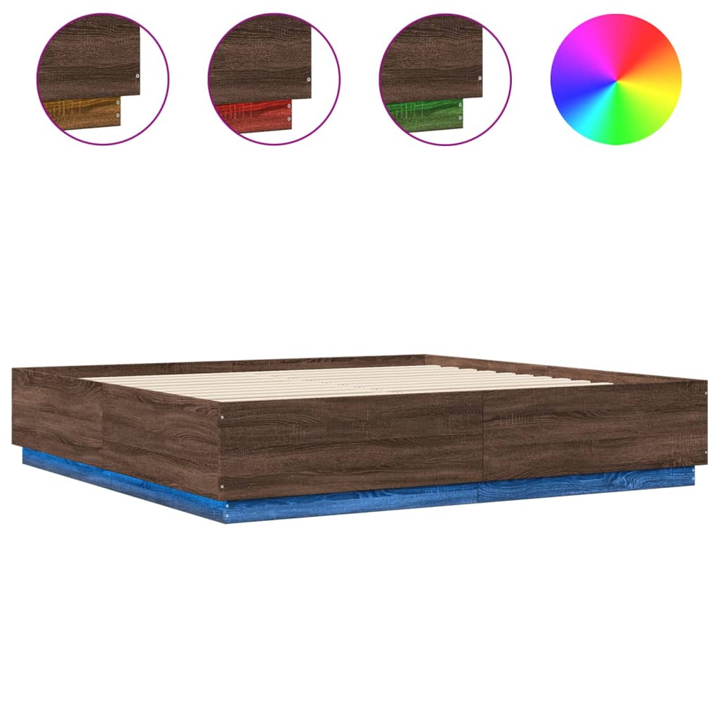 Cadru de pat cu lumini LED stejar maro 200x200cm lemn prelucrat GartenMobel Dekor