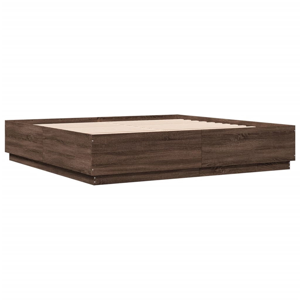 Cadru de pat cu lumini LED stejar maro 200x200cm lemn prelucrat GartenMobel Dekor
