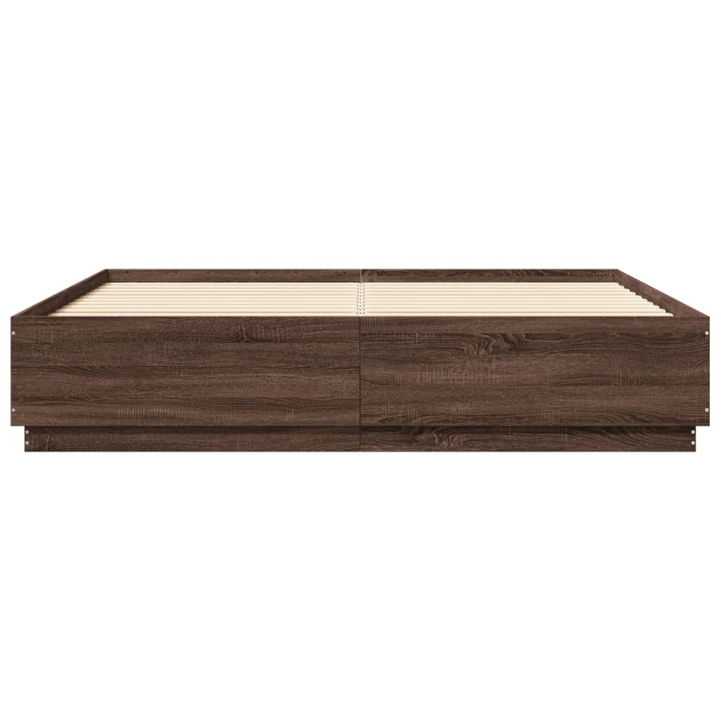 Cadru de pat cu lumini LED stejar maro 200x200cm lemn prelucrat GartenMobel Dekor