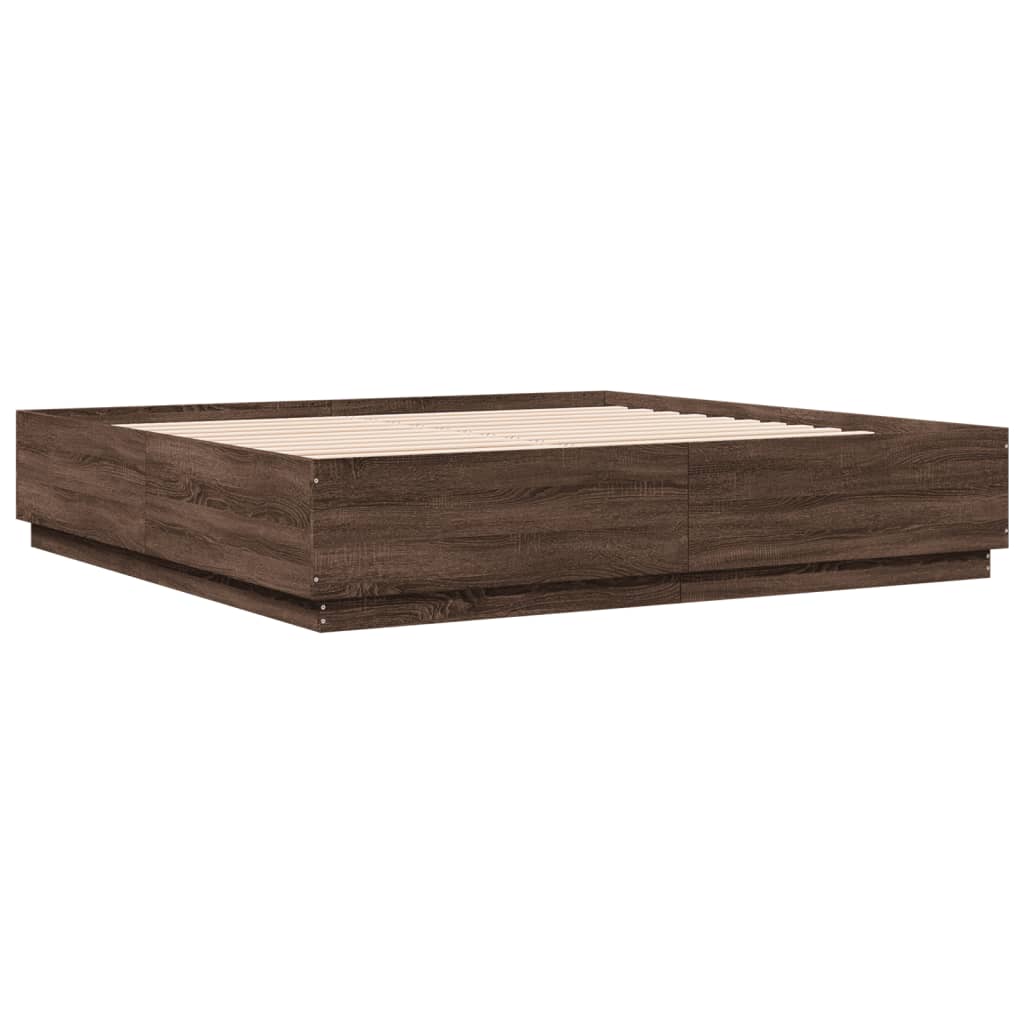 Cadru de pat cu lumini LED stejar maro 200x200cm lemn prelucrat GartenMobel Dekor