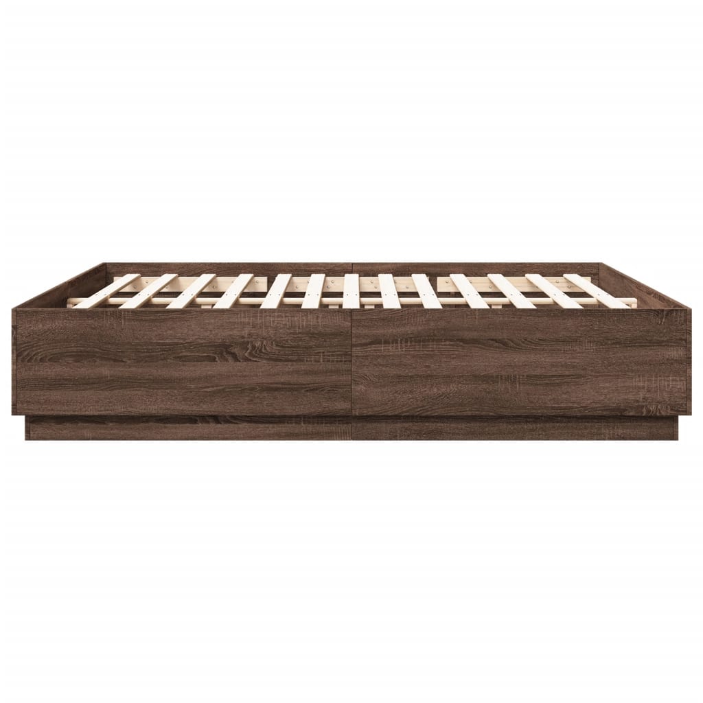 Cadru de pat cu lumini LED stejar maro 200x200cm lemn prelucrat GartenMobel Dekor