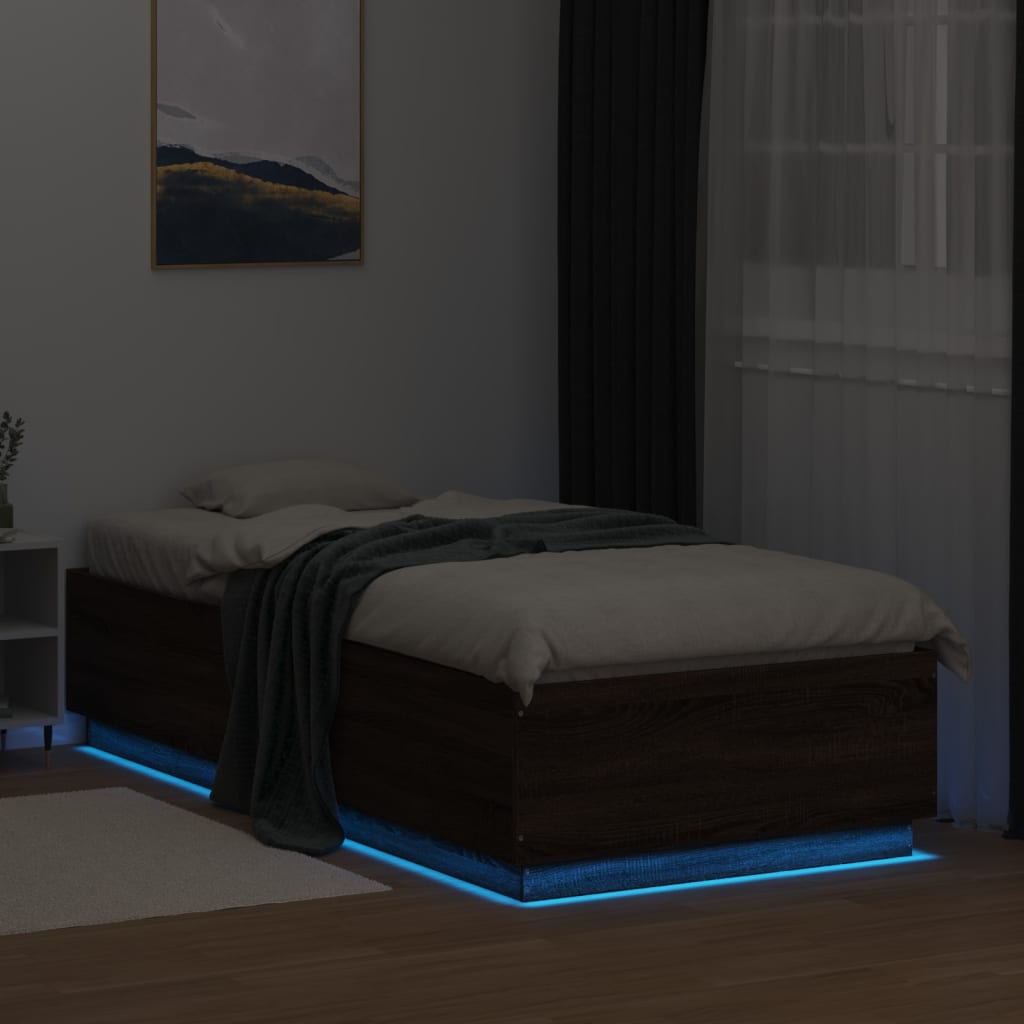 Cadru de pat cu lumini LED stejar maro 90x200 cm lemn prelucrat GartenMobel Dekor