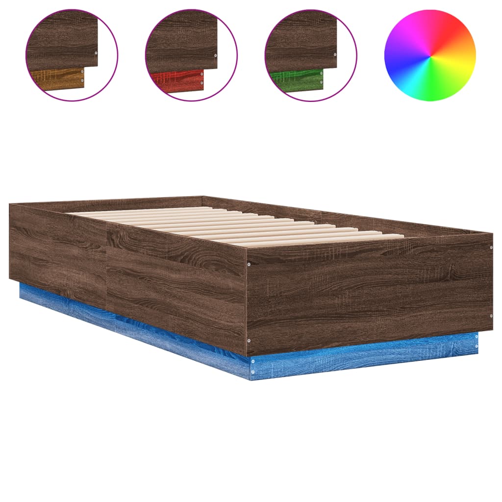 Cadru de pat cu lumini LED stejar maro 90x200 cm lemn prelucrat GartenMobel Dekor