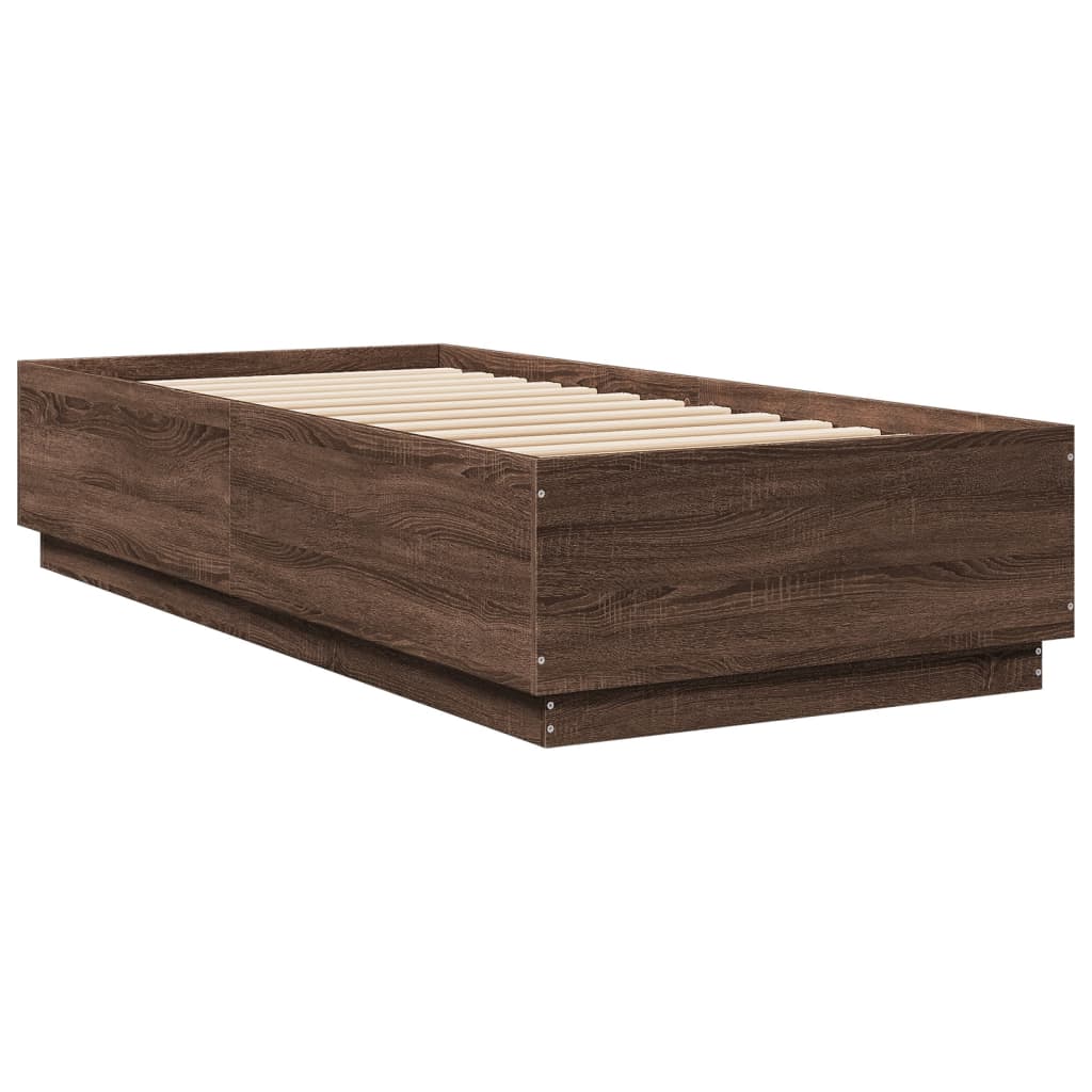 Cadru de pat cu lumini LED stejar maro 90x200 cm lemn prelucrat GartenMobel Dekor