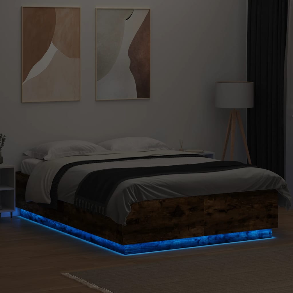 Cadru pat cu lumini LED stejar fumuriu 150x200cm lemn prelucrat GartenMobel Dekor