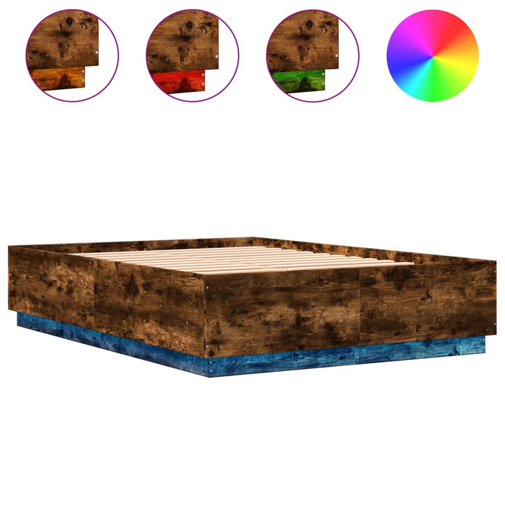 Cadru pat cu lumini LED stejar fumuriu 150x200cm lemn prelucrat GartenMobel Dekor