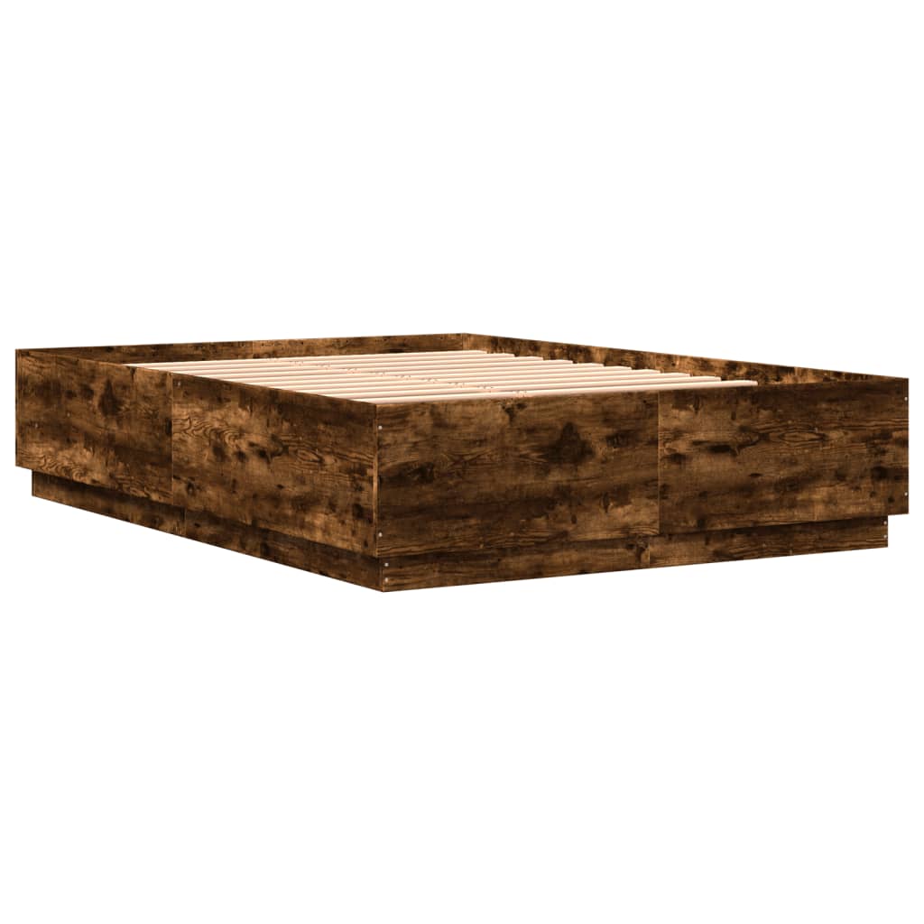 Cadru pat cu lumini LED stejar fumuriu 150x200cm lemn prelucrat GartenMobel Dekor