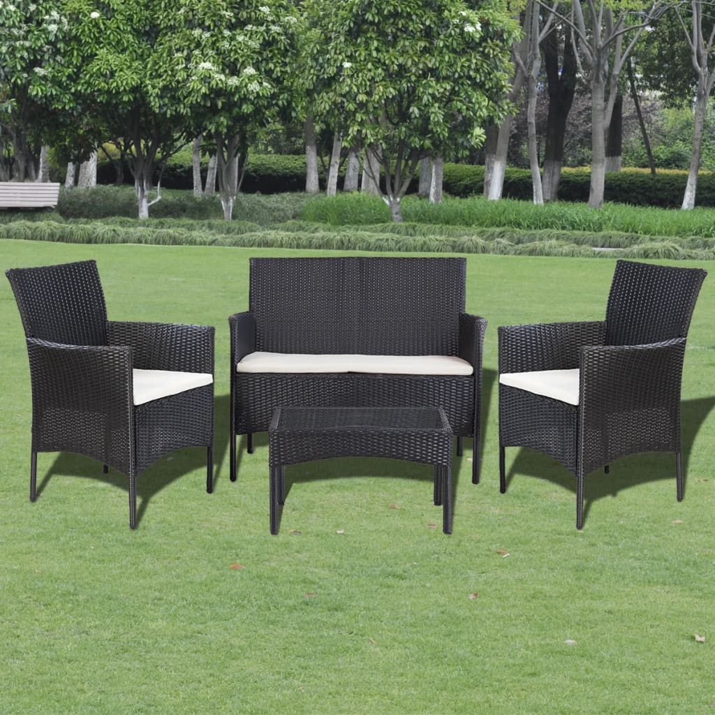 Set mobilier de grădină cu perne, 4 piese, negru, poliratan GartenMobel Dekor