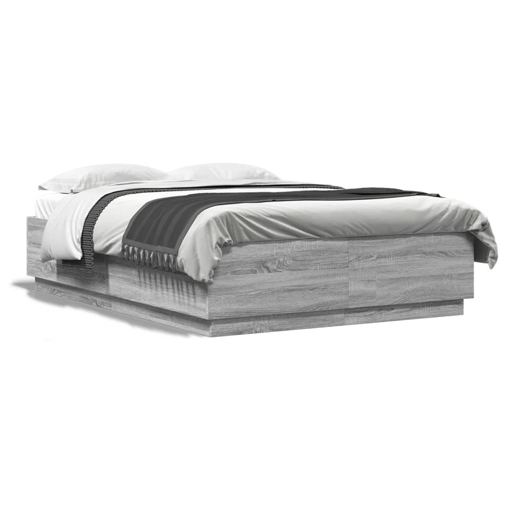Cadru de pat cu lumini LED gri sonoma 140x200 cm lemn prelucrat GartenMobel Dekor