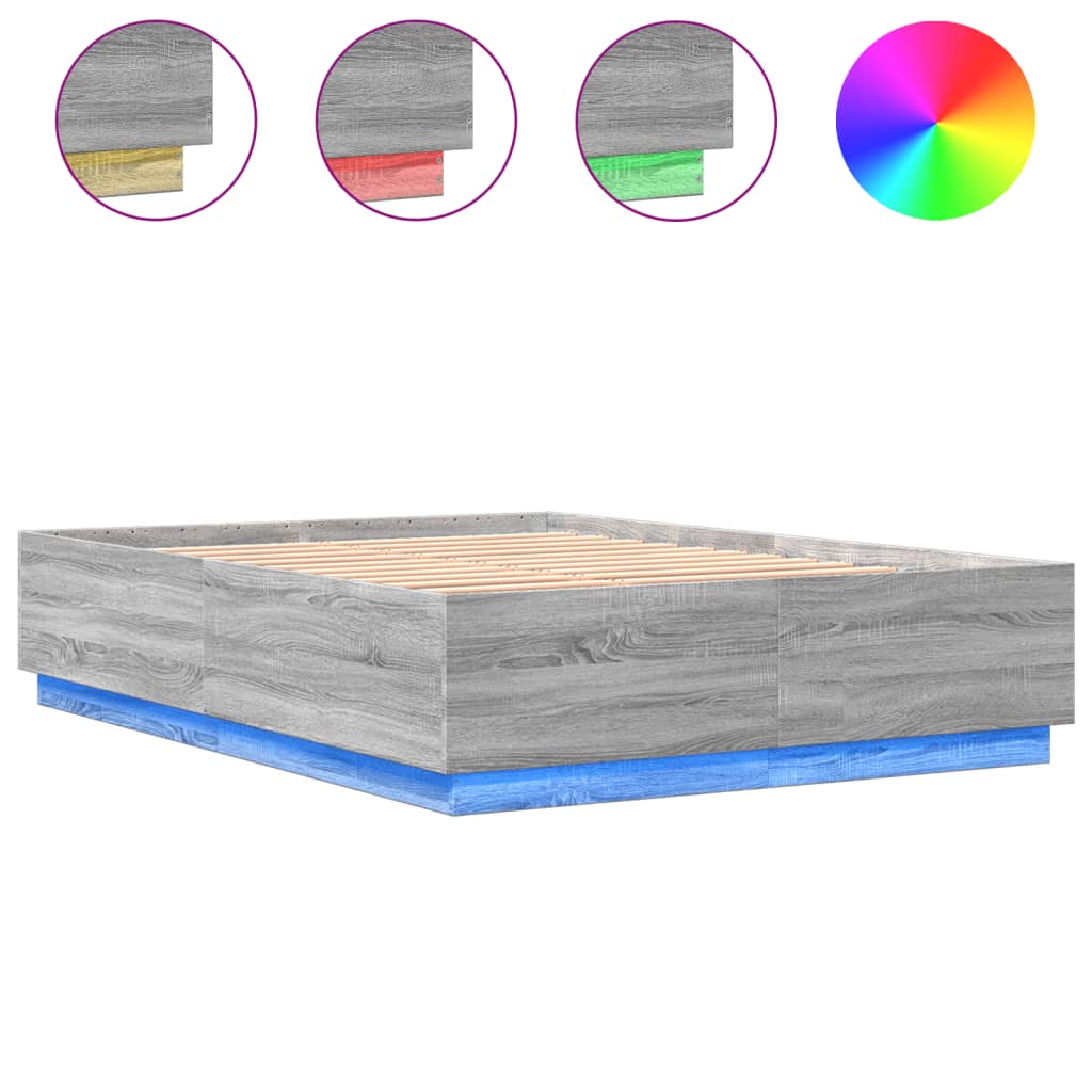 Cadru de pat cu lumini LED gri sonoma 140x200 cm lemn prelucrat GartenMobel Dekor