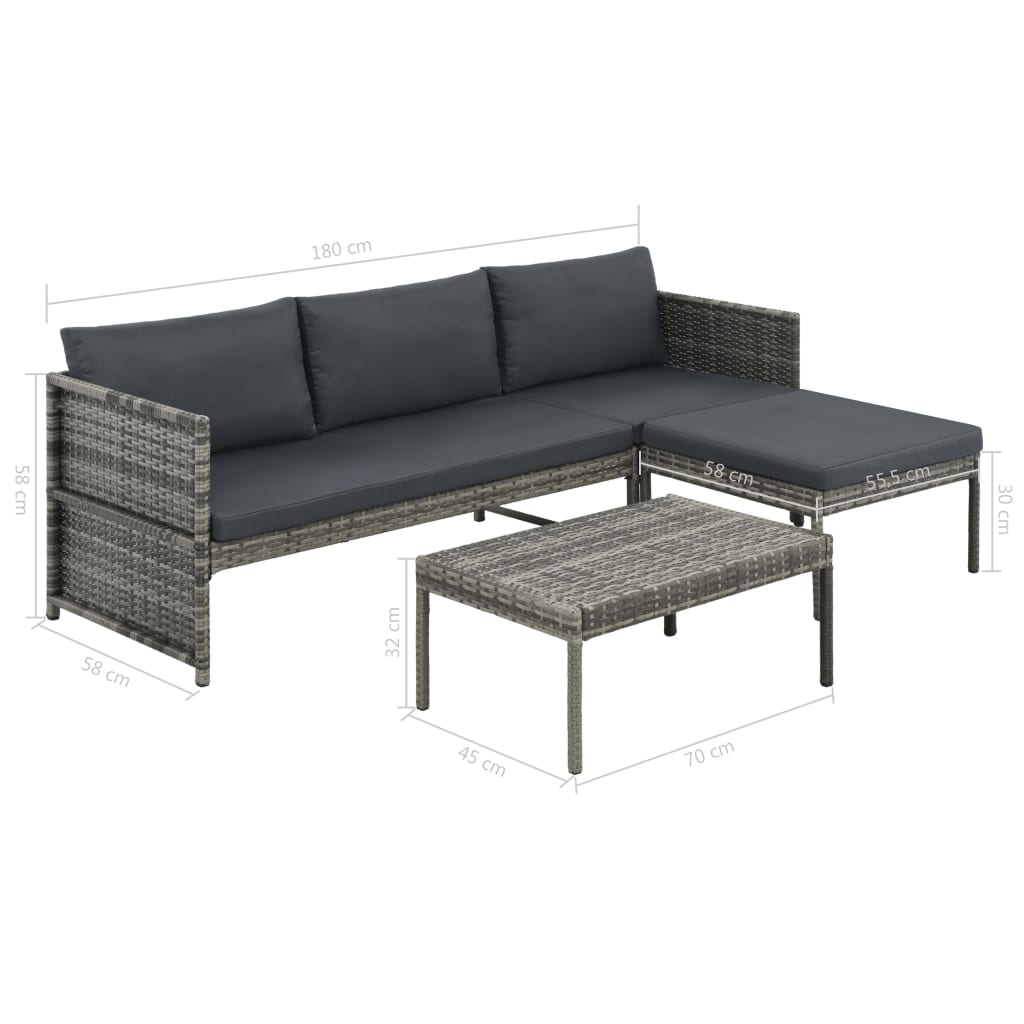 Set mobilier de grădină cu perne, 3 piese, gri, poliratan GartenMobel Dekor
