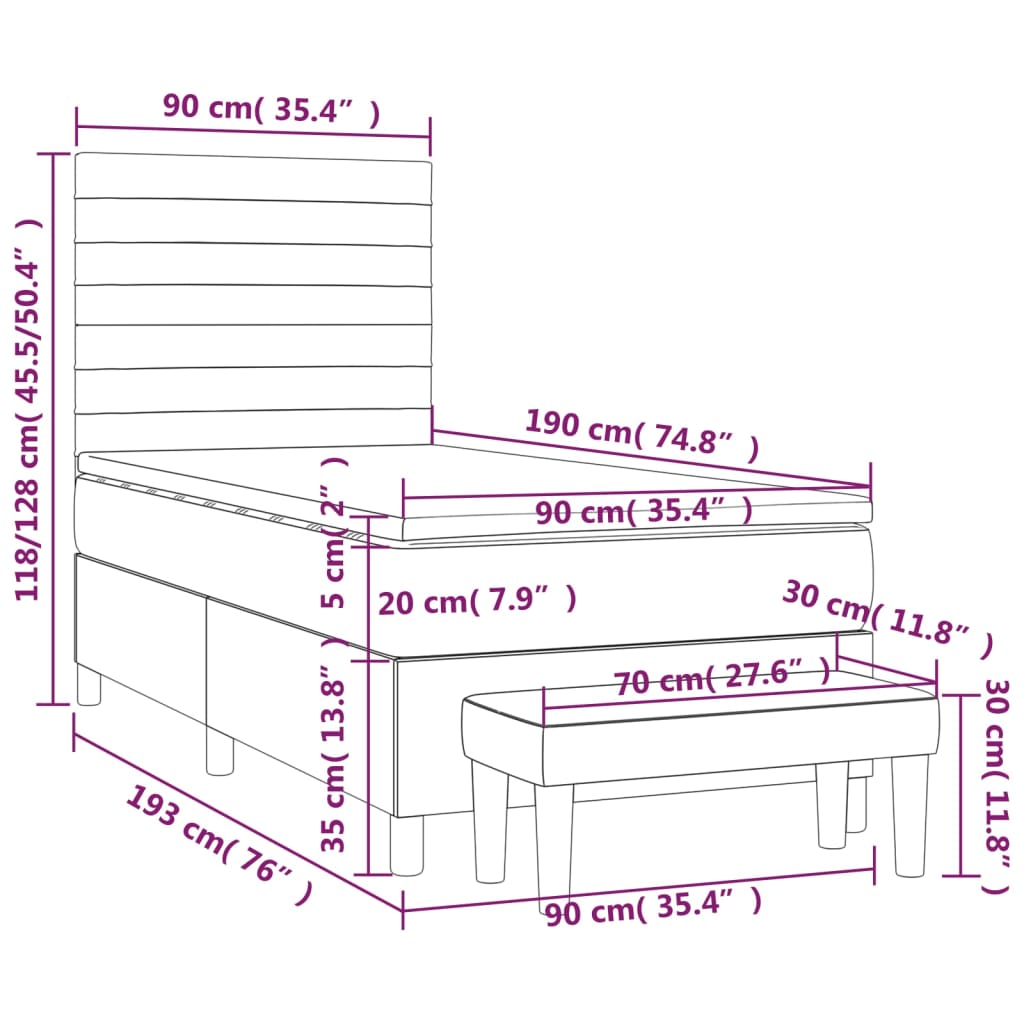 Pat box spring cu saltea, gri închis, 90x190 cm, textil GartenMobel Dekor
