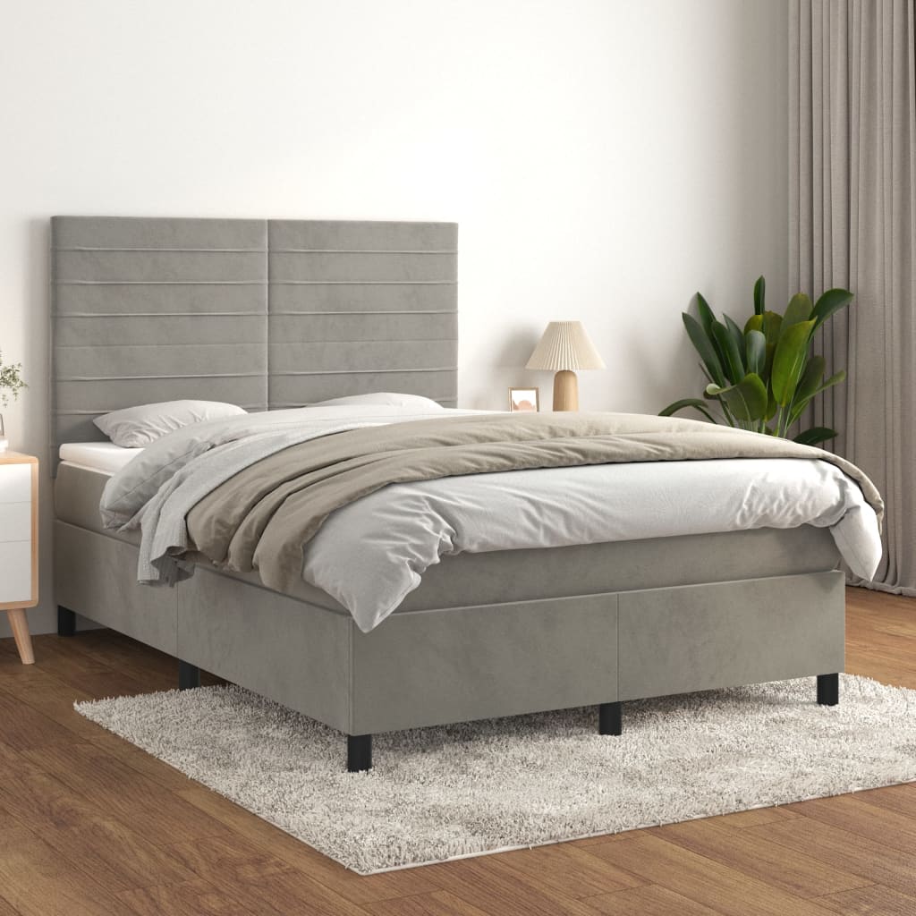 Pat box spring cu saltea, gri deschis, 140x190 cm, catifea GartenMobel Dekor