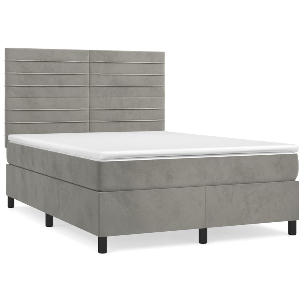 Pat box spring cu saltea, gri deschis, 140x190 cm, catifea GartenMobel Dekor