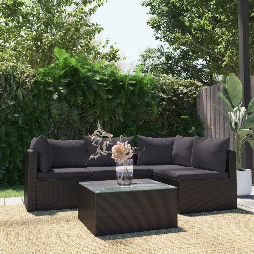 Set mobilier de grădină cu perne, 5 piese, negru, poliratan GartenMobel Dekor
