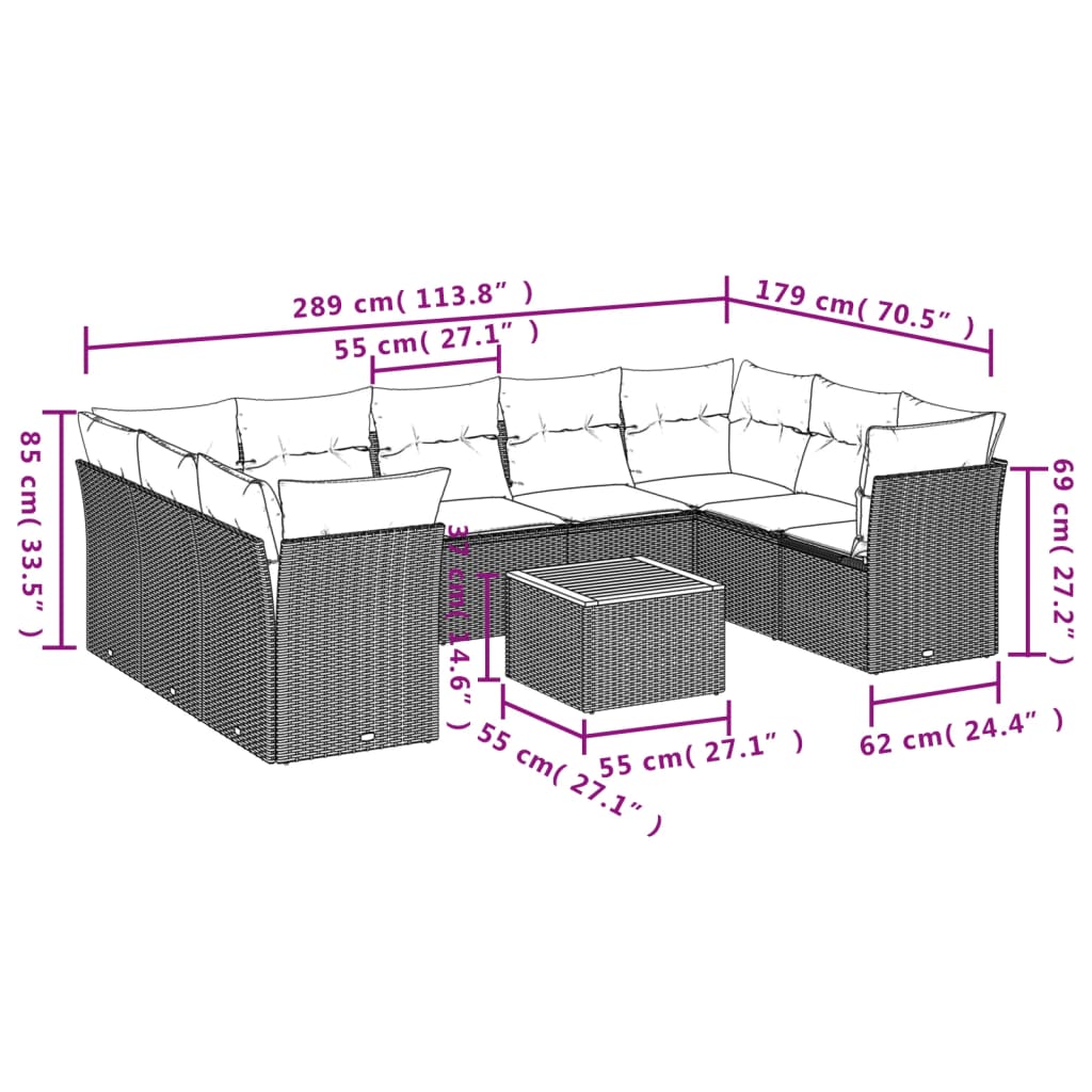 Set canapele de grădină cu perne, 10 piese, negru, poliratan GartenMobel Dekor