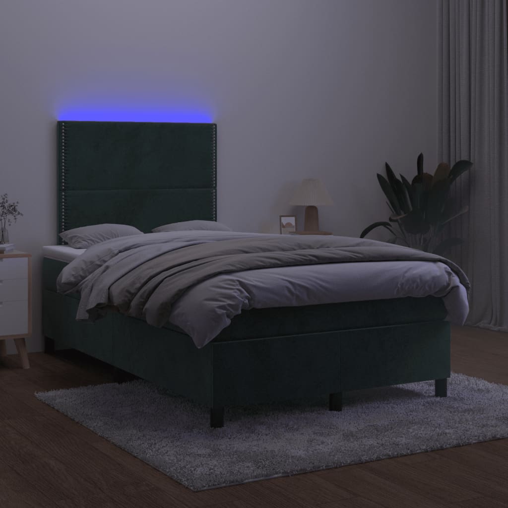 Pat cu arcuri, saltea și LED, verde închis, 120x190 cm, catifea GartenMobel Dekor