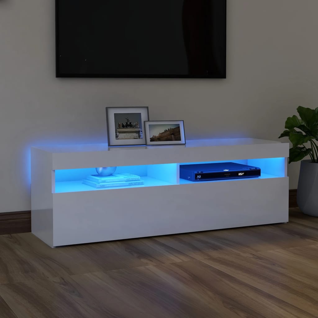 Comodă TV cu lumini LED, alb extralucios, 120x35x40 cm GartenMobel Dekor