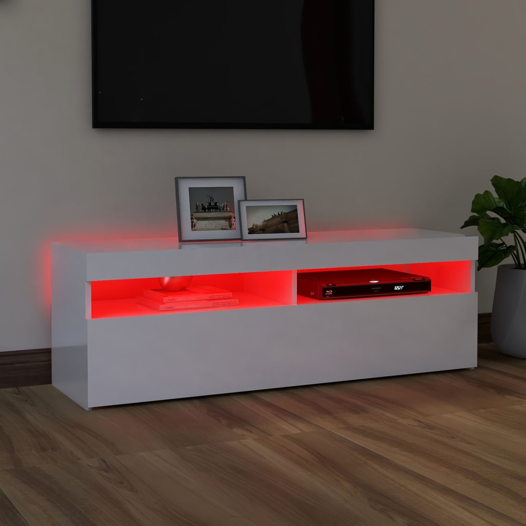 Comodă TV cu lumini LED, alb extralucios, 120x35x40 cm GartenMobel Dekor