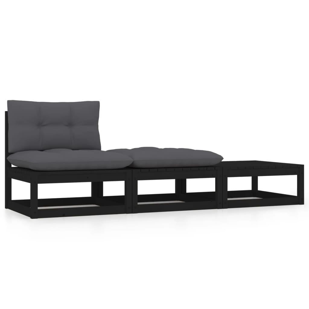 Set mobilier grădină cu perne, 3 piese, negru, lemn masiv pin GartenMobel Dekor