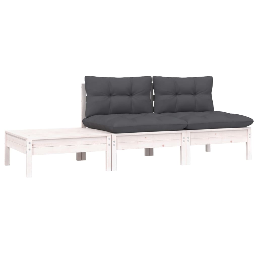 Set mobilier de grădină cu perne, 3 piese, alb, lemn masiv pin GartenMobel Dekor