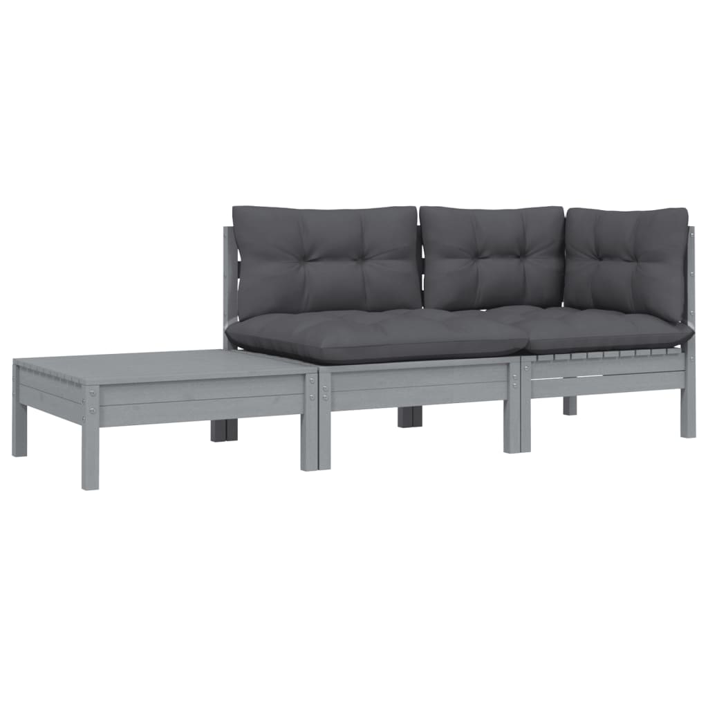 Set mobilier de grădină cu perne, 3 piese, gri, lemn masiv pin GartenMobel Dekor