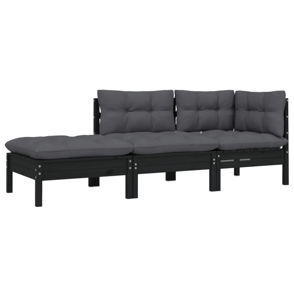 Set mobilier grădină cu perne, 3 piese, negru, lemn masiv pin GartenMobel Dekor