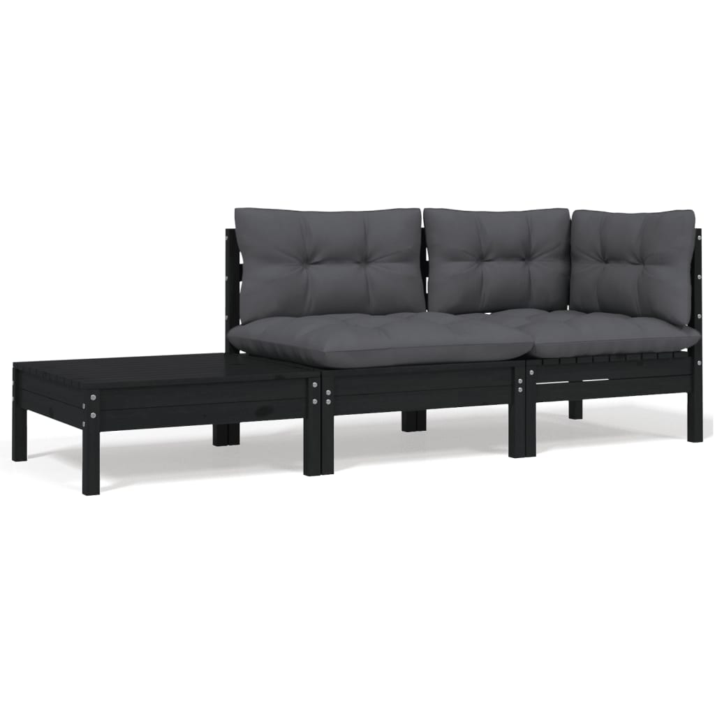 Set mobilier grădină cu perne, 3 piese, negru, lemn masiv pin GartenMobel Dekor