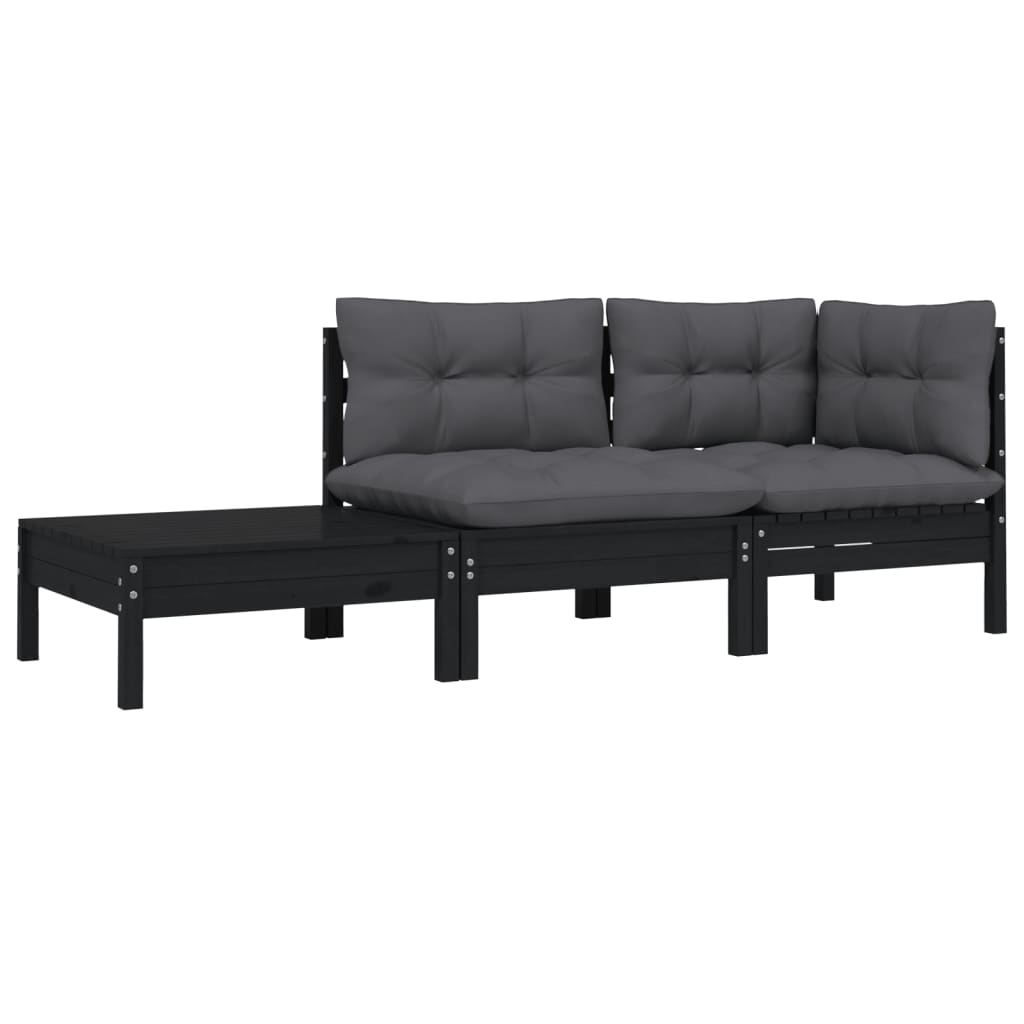 Set mobilier grădină cu perne, 3 piese, negru, lemn masiv pin GartenMobel Dekor