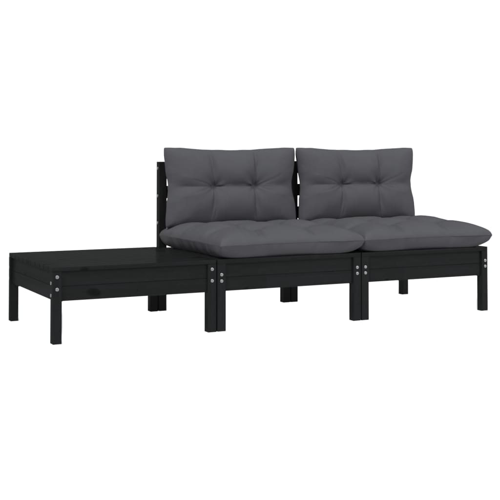 Set mobilier grădină cu perne, 3 piese, negru, lemn masiv pin GartenMobel Dekor