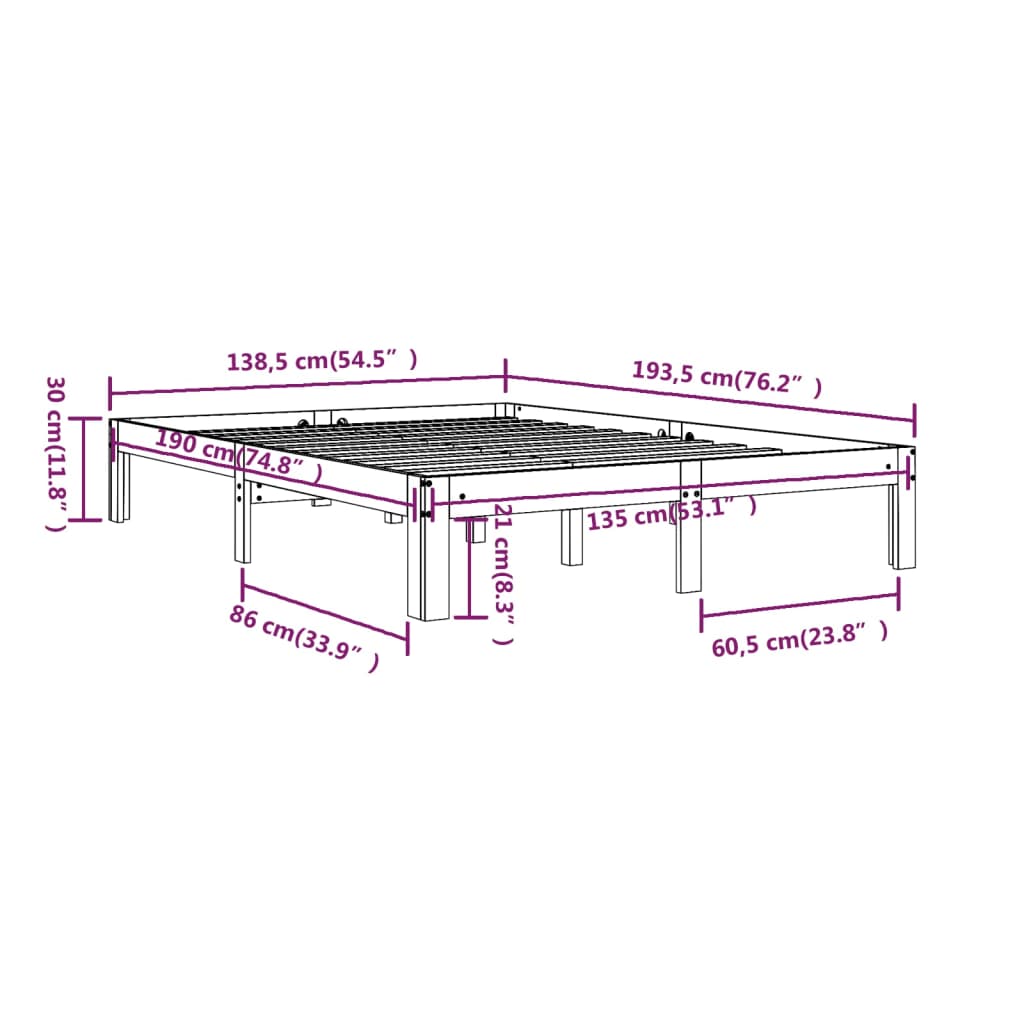 Cadru de pat dublu, alb, 135x190 cm, lemn masiv GartenMobel Dekor