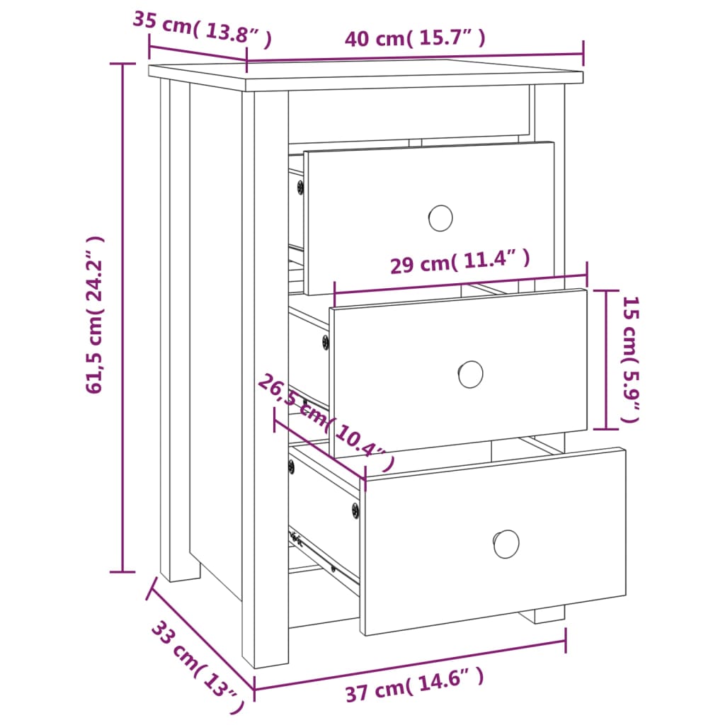 Noptiere, 2 buc., negru, 40x35x61,5 cm, lemn masiv de pin GartenMobel Dekor