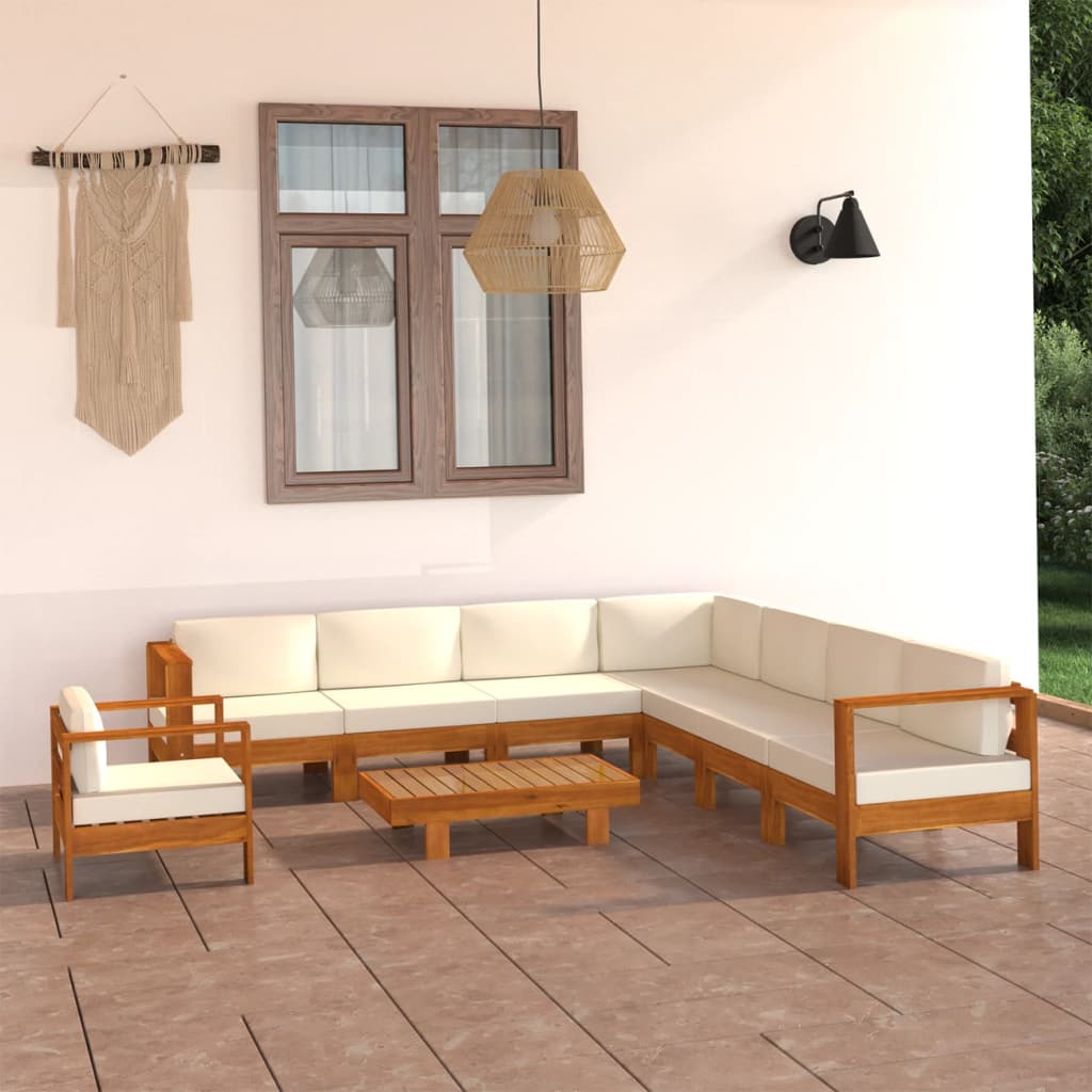 Set mobilier grădină perne alb crem, 9 piese, lemn masiv acacia GartenMobel Dekor