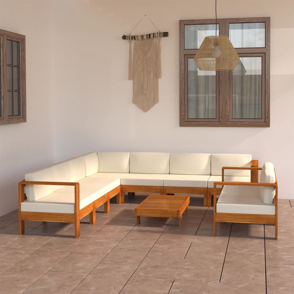Set mobilier grădină perne alb crem, 9 piese, lemn masiv acacia GartenMobel Dekor