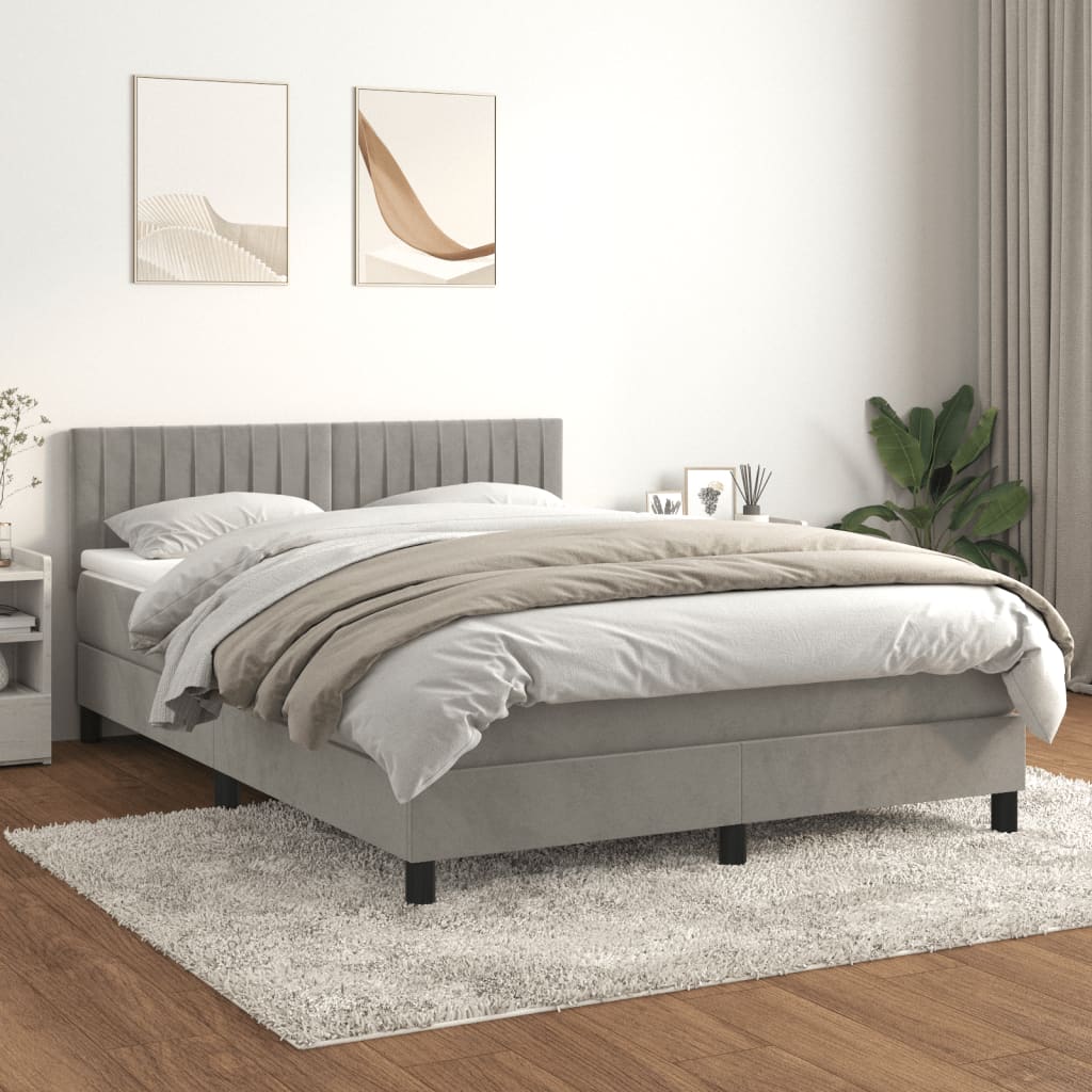 Pat box spring cu saltea, gri deschis, 140x190 cm, catifea GartenMobel Dekor