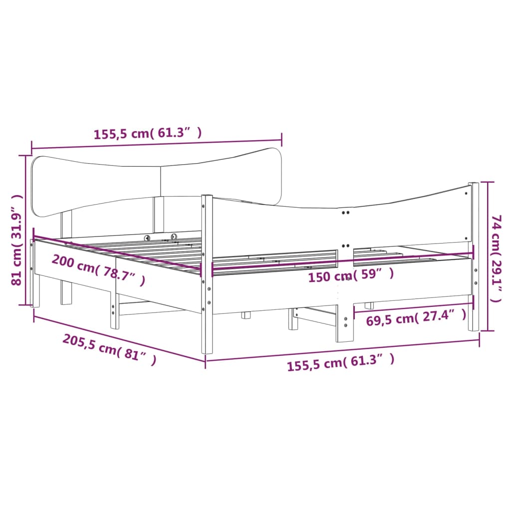 Cadru de pat cu tăblie, maro ceruit, 150x200 cm, lemn masiv pin GartenMobel Dekor