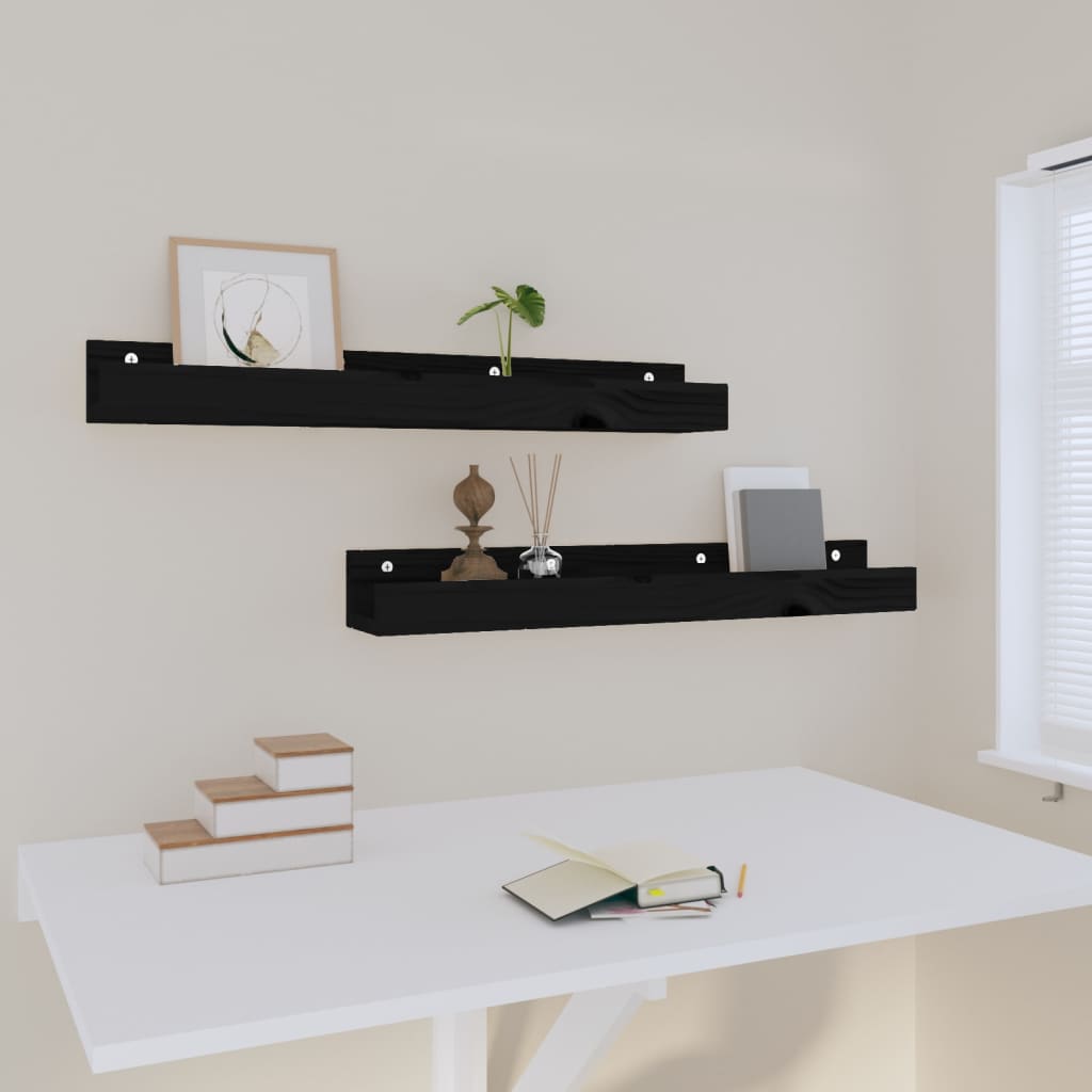Rafturi de perete, 2 buc., negru, 80x12x9 cm, lemn masiv de pin GartenMobel Dekor