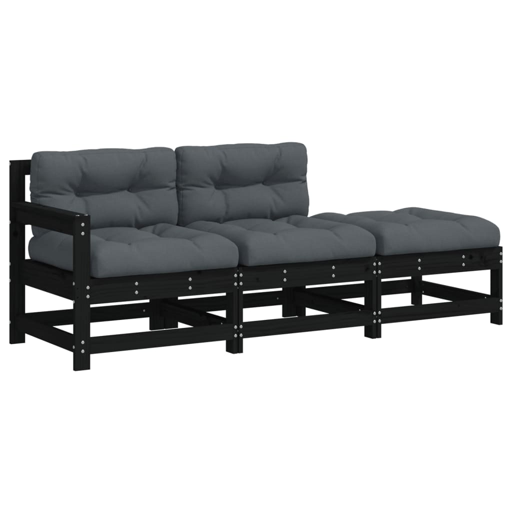 Set mobilier de grădină cu perne, 3 piese, negru, lemn masiv GartenMobel Dekor