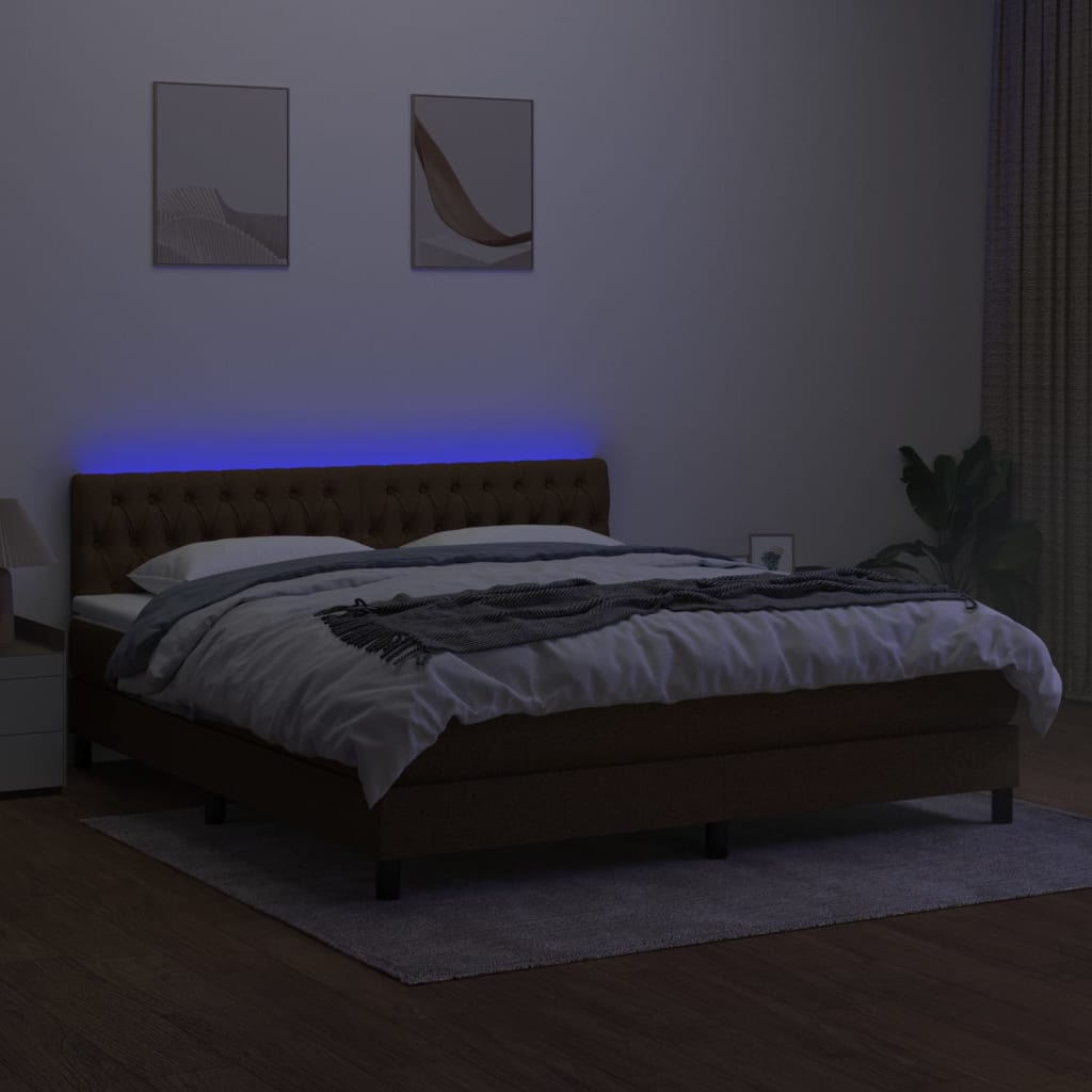 Pat cu arcuri, saltea și LED, maro închis, 160x200 cm, textil GartenMobel Dekor