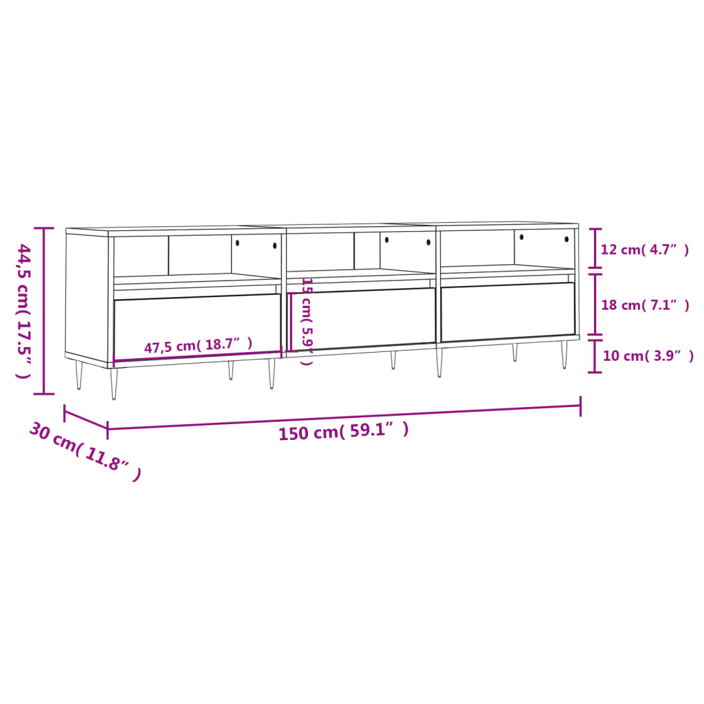 Comodă TV, gri sonoma, 150x30x44,5 cm, lemn prelucrat GartenMobel Dekor