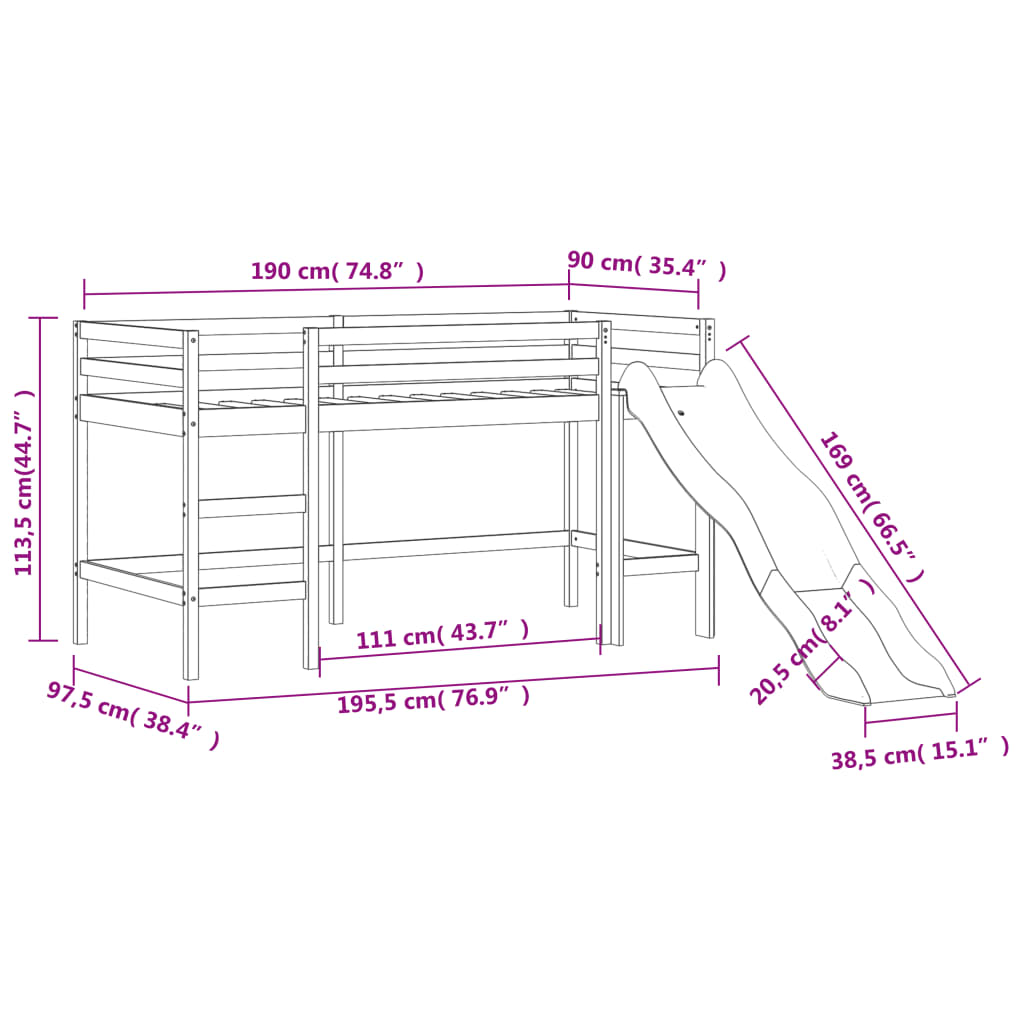 Pat pentru copii cu tobogan, alb, 90x190 cm, lemn masiv pin GartenMobel Dekor